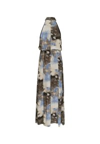 Maxi šaty bez rukávů s tie-dye vzorem v odstínech modré, hnědé a krémové. Texturovaná tkanina vytváří vizuální zájem a plynulost.