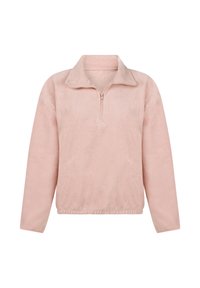 Jasnoróżowy polarowy pulower z wysokim kołnierzem, półzamkiem z przodu i elastycznym ściągaczem. Miękka tekstura, długie rękawy i brak widocznych wzorów.