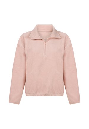 Lichtroze fleecetrekker met hoge kraag, halve rits aan de voorkant en elastische zoom. Zachte textuur, lange mouwen en geen zichtbare patronen.