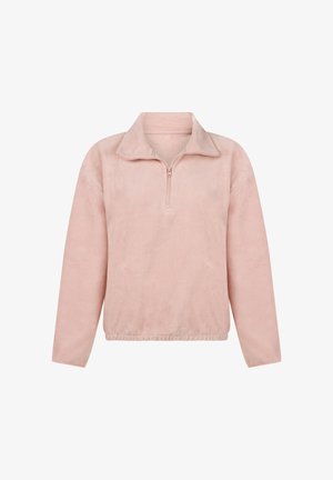 Lichtroze fleecetrekker met hoge kraag, halve rits aan de voorkant en elastische zoom. Zachte textuur, lange mouwen en geen zichtbare patronen.