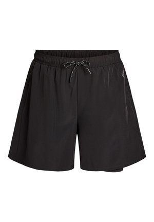 Mustad sportlühikesed püksid elastse vöörihma ja paelaga, lahtise lõikega ning küljes helkurrõngaga.