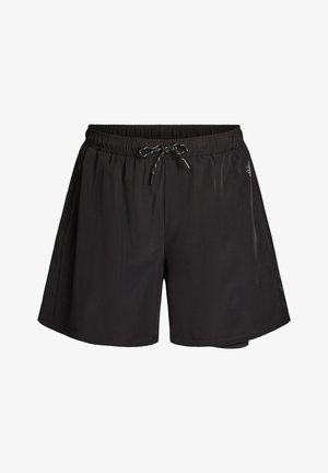 Mustad sportlühikesed püksid elastse vöörihma ja paelaga, lahtise lõikega ning küljes helkurrõngaga.