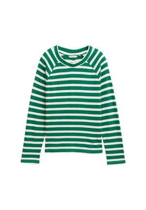 Zaļi un balti svītrots long-sleeve krekls ar apaļu kakla izgriezumu un raglānu piedurknēm, izgatavots no mīksta, viegla auduma.