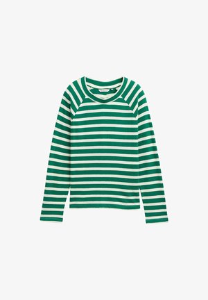 Zeleno-bíle pruhovaný dlouhý rukáv top s kulatým výstřihem a raglánovými rukávy, vyrobený z měkkého, lehkého materiálu.