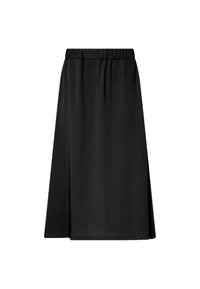 Schwarzer Midi-Rock mit elastischem Bund, glatter Textur und einfachem A-Linien-Design, ohne sichtbare Verzierungen oder Muster.