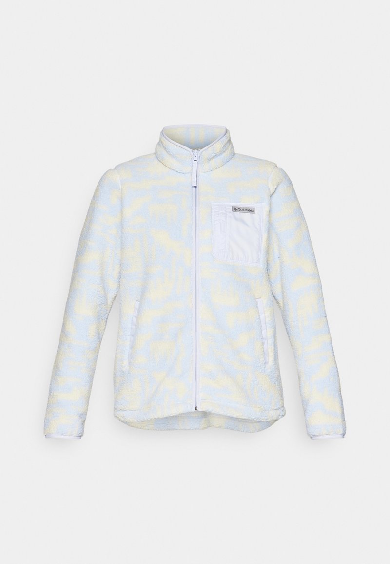 Fleece jack in lichtblauw met een gele abstracte patroon, volledige ritssluiting, hoge kraag en een borstzak met witte accenten.