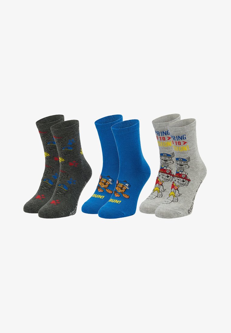 Three pairs of children's crew socks with cartoon dog designs and phrases, in dark gray, blue, and light gray colors.