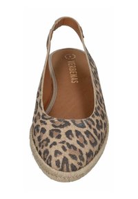 Leopard print espadrille with a slung back design, jute-wrapped sole, beige fabric upper, and a brown leather insole.
