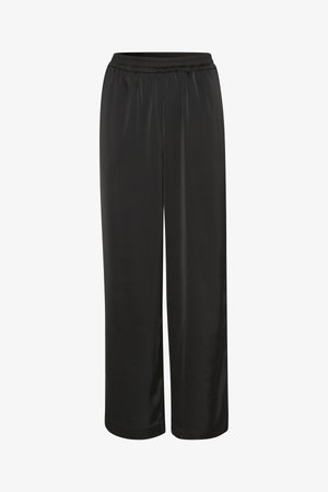 Črne, lahke, satenske hlače z elastičnim pasom in širokimi nogami. Gladka tekstura brez vidnih vzorcev ali kovinskih detajlov.