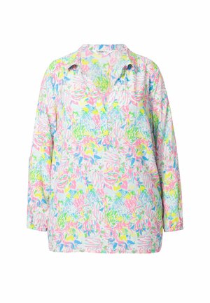 Blouse colorée avec un motif floral en rose, vert, bleu et jaune. Elle a un col et des manches longues, fabriquée en tissu léger.
