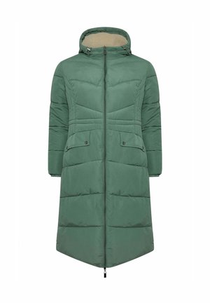 Groene pufferjas met een capuchon, voorzien van een ritssluiting aan de voorkant, gestikt patroon, lange mouwen en twee voorkeurszakken. Zachte binnenvoering.