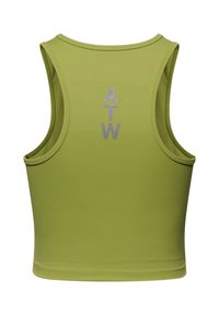 Zielony sportowy top na ramiączkach wykonany z gładkiego, elastycznego materiału. Posiada okrągły dekolt oraz odkryty tył z srebrnym napisem "ATW".