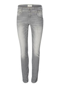 Smal passform grå jeans i denim. Har knappstängning, fem fickor och subtil fading på tyget för textur.