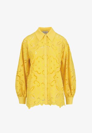 Geel blouse met lange mouwen, knoopsluiting, bloemenmotief met opengewerkt kant, puntige kraag, elastische manchetten en een gegolfde zoom.