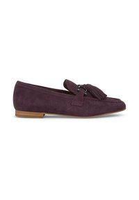 Suede loafers in dark purple with a flat sole, featuring a decorative tassel and metal accent. Smooth texture with minimalist design.