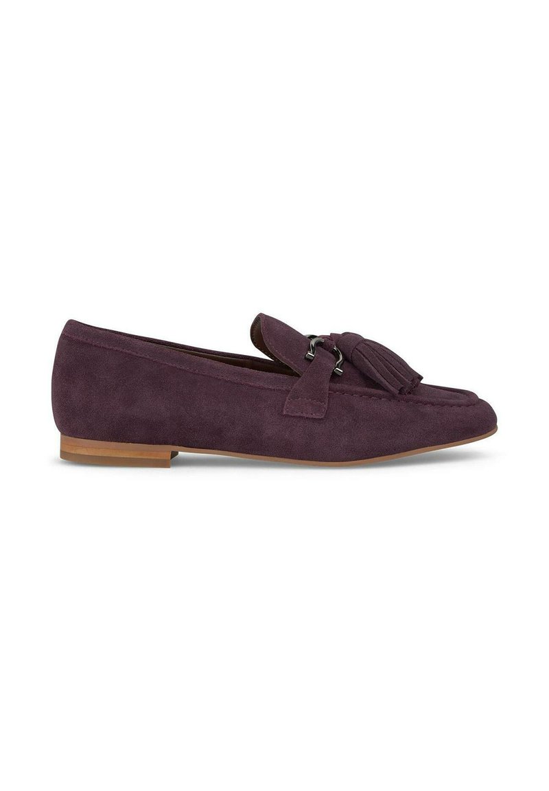 Suede loafers in dark purple with a flat sole, featuring a decorative tassel and metal accent. Smooth texture with minimalist design.