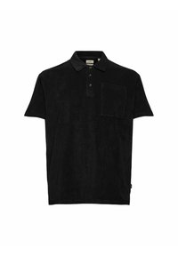 Polo noir à manches courtes avec trois boutons et une poche sur la poitrine gauche, présenté sur un fond blanc.