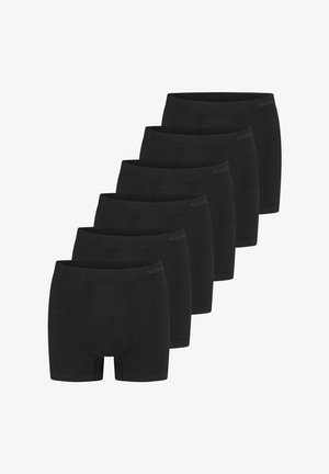 Sex par svarta boxershorts i slät tyg, med en enkel design och ett elastiskt midjeband med en diskret logotyp.