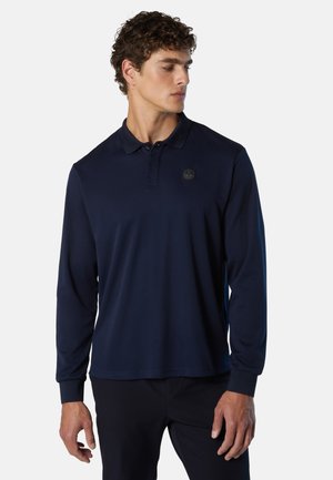 Navy long-sleeve polo shirt made of smooth fabric, featuring a collar, button placket, and a small logo on the chest.