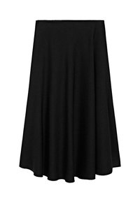 Sort midi-længde A-line nederdel med let flare og en glat talje, vist på en hvid baggrund.