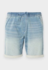Shorts din denim de culoare albastru deschis, cu talie elastică, închidere cu șnur, buzunare laterale și accente cu tiv răsucit. Textură netedă.
