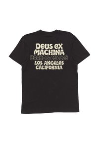 Black cotton t-shirt featuring large cream text on the back: "Deus ex Machina Board & Cycles Los Angeles California." Classic crew neck.