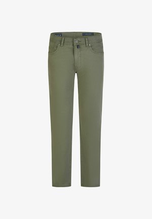 Herenjeans in olijfgroen met een slanke pasvorm, voorzien van voorste knoopsluiting, rits, lussen voor een riem en een ontwerp met vijf zakken.
