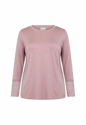 Tricou cu mâneci lungi dintr-un material roz moale, cu accente din dantelă la manșete și guler rotund. Textură netedă, cu un croi confortabil.