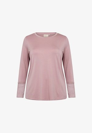 Majica s dolgimi rokavi iz mehke roza tkanine z čipkastimi detajli na manšetah in okroglim izrezom. Gladka tekstura s sproščenim krojem.