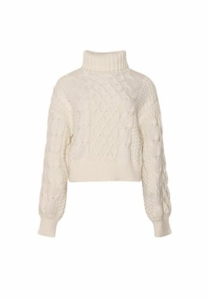 Krēmkrāsas kabeladījuma augstu paņemams džemperis ar garām piedurknēm un ribveida aprocēm un apakšu, kas izceļas ar sarežģītām teksturētām adījuma rakstiem.