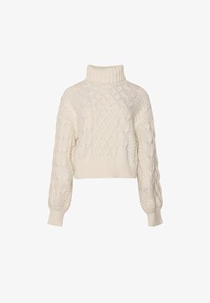 Krēmkrāsas kabeladījuma augstu paņemams džemperis ar garām piedurknēm un ribveida aprocēm un apakšu, kas izceļas ar sarežģītām teksturētām adījuma rakstiem.