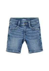 Szorty dżinsowe w średnim niebieskim kolorze, z klasycznym pięcio-kieszeniowym krojem, zapięciem na guzik i szlufkami na pasek. Gładka tekstura z delikatnym wyblaknięciem.