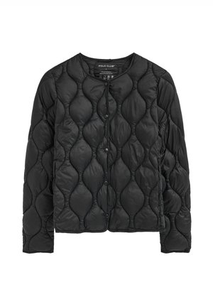 Black quilted long-sleeve jacket with rounded neckline and front snap buttons, featuring a unique padded pattern on the fabric.