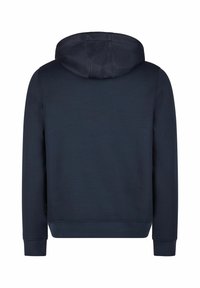 Marineblauwe hoodie met een textuurkap, lange mouwen en geribbelde manchetten. Glad materiaal met een relaxte pasvorm en geen zichtbare logo's.