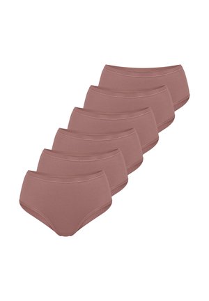 Sei mutandine da donna in cotone color malva identiche, disposte in pila sfalsata su sfondo bianco.