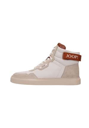 High-top white and beige sneaker with lace-up front, tan accents, textured heel, and brown strap labeled "JOOP!" on a white background.