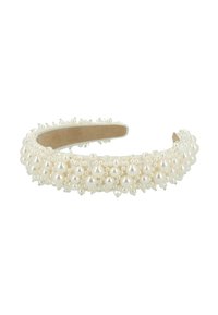 Fascia per capelli decorata con perle, caratterizzata da numerose perle bianche rotonde con piccoli accenti trasparenti su una banda liscia, foderata con materiale beige morbido.