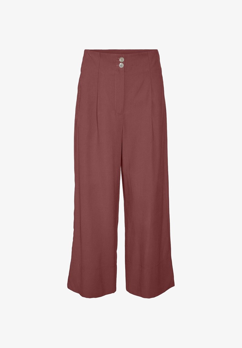 Pantalon large taille haute couleur rouille avec deux boutons argentés à la ceinture et des plis cousus à l'avant.
