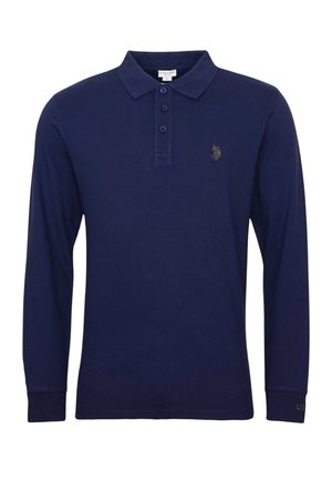 Men’s navy blue long-sleeve polo shirt with three buttons and small embroidered logo on left chest.