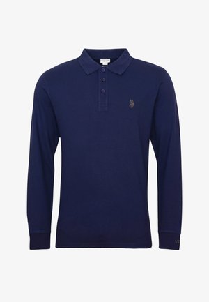 Heren navyblauwe polo met lange mouwen, drie knopen en een klein geborduurd logo op de linkerborst.