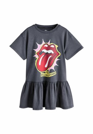 Dark gray short-sleeve dress with ruffled hem and a large red Rolling Stones tongue logo on front with pink and yellow accents.