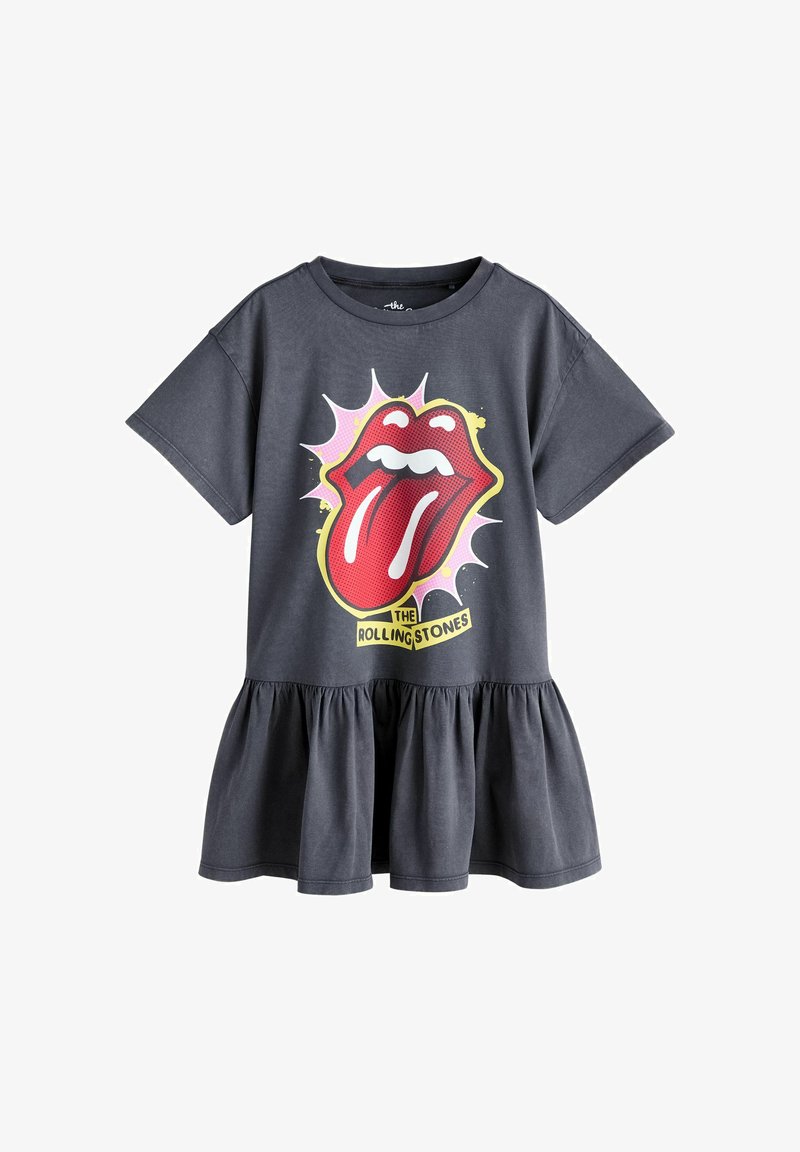 Sötétszürke rövid ujjú ruha fodros szegéllyel és nagy piros Rolling Stones nyelv logóval az elején, rózsaszín és sárga kiemelésekkel.