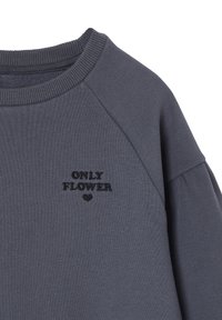 Grauer Pullover mit geripptem Rundhalsausschnitt und Raglanärmeln. Bestickter Text "ONLY FLOWER" mit Herzakzent auf der Vorderseite.