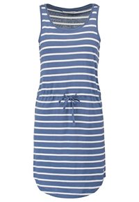 Pruhované tank šaty v modré a bílé barvě, vyrobené z měkké látky. Mají stahovací pas a zaoblený lem. Neformální a pohodlný design.