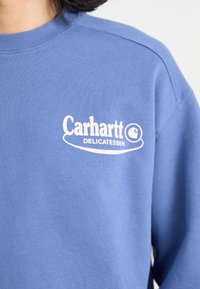 Sweatshirt azul com um logotipo bordado branco que diz "Carhartt DELICATESSEN", com um decote redondo canelado e uma textura macia.