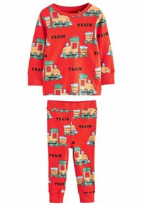 Completo pigiama rosso con maniche lunghe e pantaloni, decorato con fantasie di treni colorati e la parola "TRAIN" in nero. Tessuto morbido e elasticizzato.