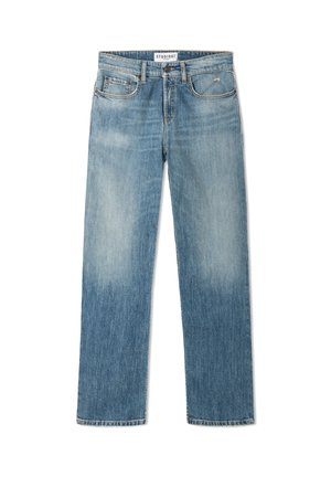 Blauwe rechtuit jeans met lichte vervaging op dijen en knieën, vijfzakkenontwerp, knoopsluiting en Studio87-label aan de binnenkant van de tailleband.