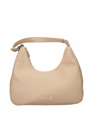 Borsa a spalla in pelle beige con tracolla regolabile, cerniera color oro e piccolo logo metallico al centro davanti.