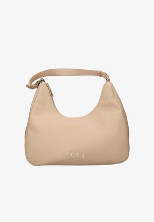 Borsa a spalla in pelle beige con tracolla regolabile, cerniera color oro e piccolo logo metallico al centro davanti.