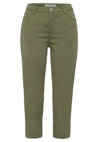 Olive green pants made of cotton, featuring a straight cut, five pockets, and a button closure at the front. Smooth texture.